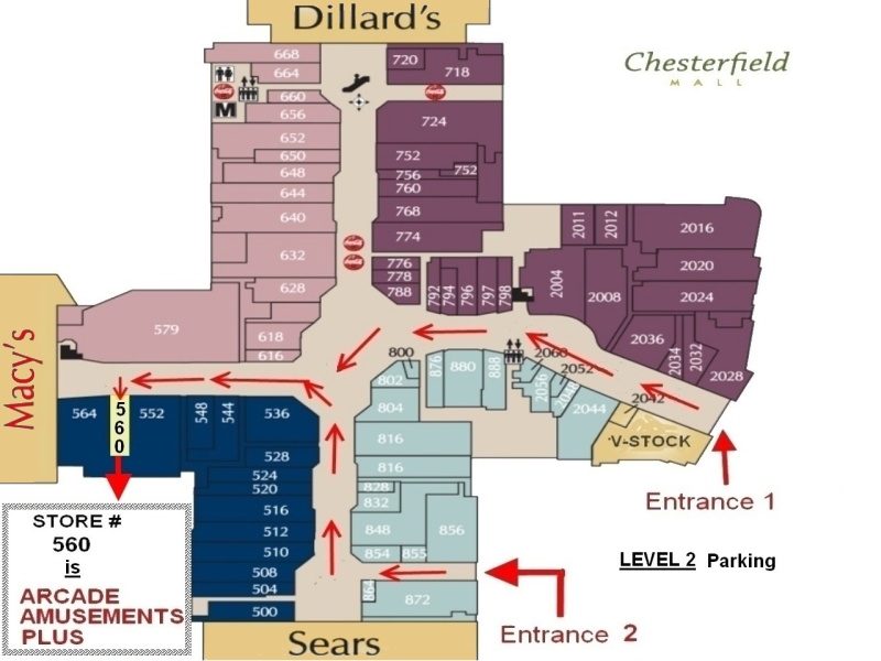 Arcade Amusements Plus 291 Chesterfield Mall, Store# 560 on MALL LEVEL 2 Chesterfield, MO 63017 Phone: 314-401-9346 Store Hours: Tues-Sat (11:30am-7:30pm)